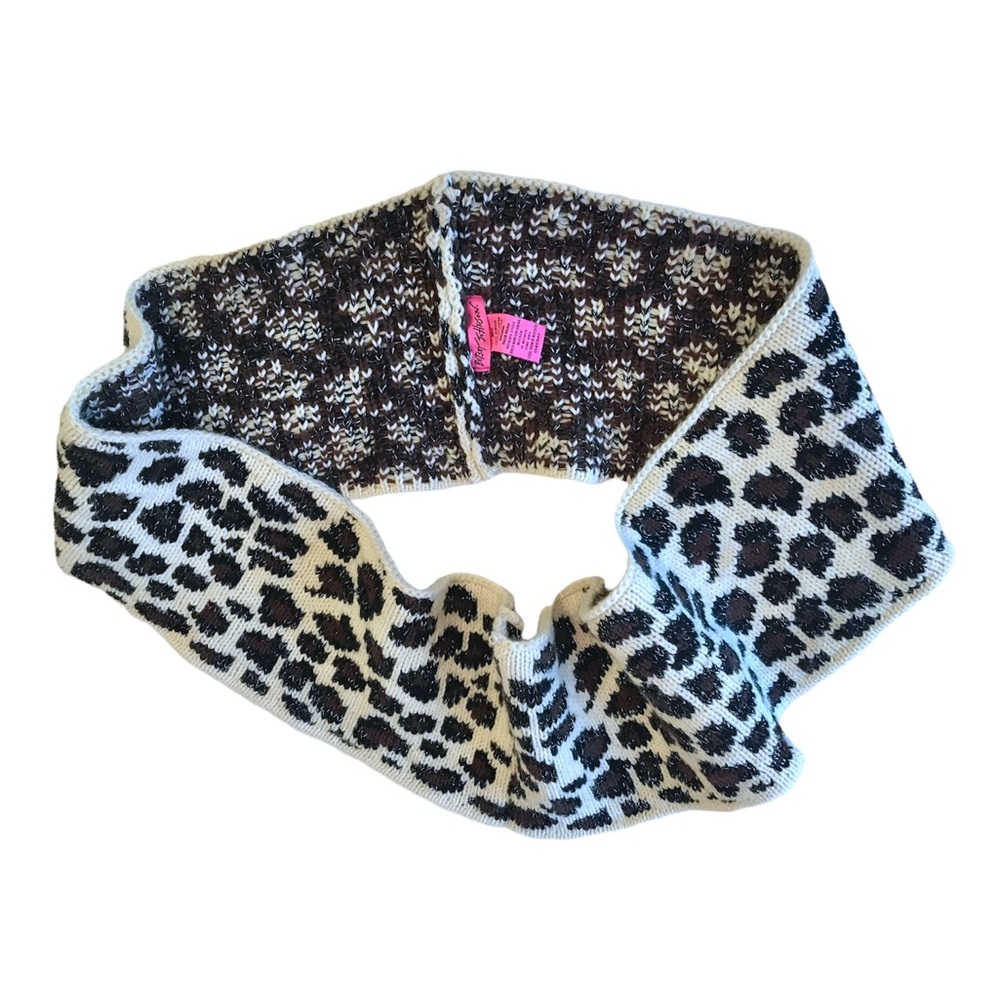 Betsey Johnson knit infinity scarf ivory white brown spots and sparkly thread